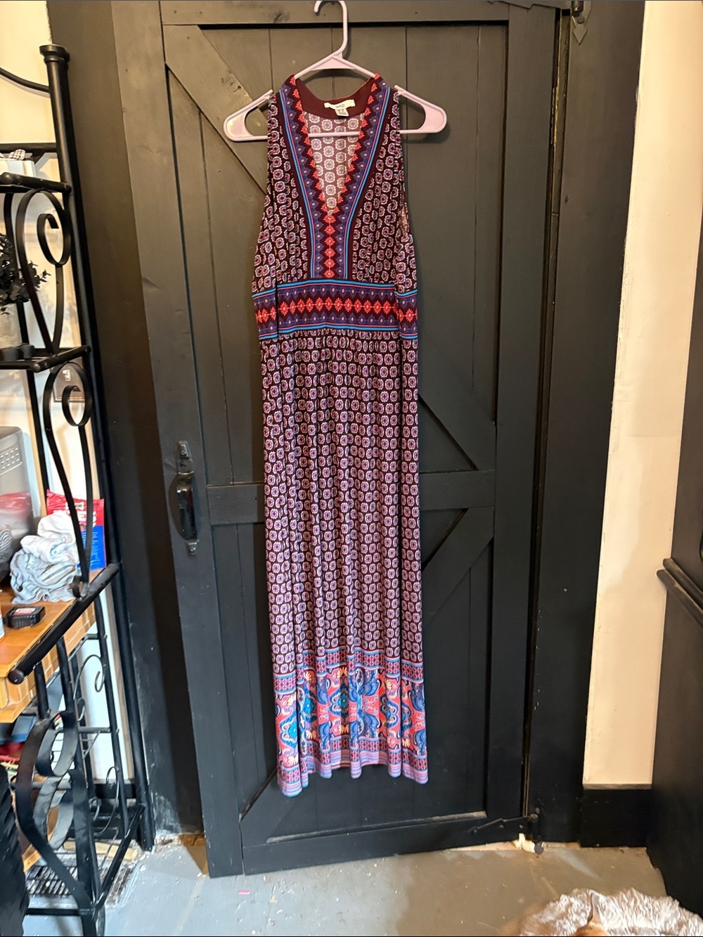 Sleeveless Purple Patterned Maxi Dress with V-Neck